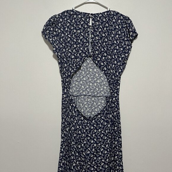 REFORMATION Gavin Navy‎ Floral Midi Dress Open Back Cap Sleeve Size 12 - Picture 9 of 12